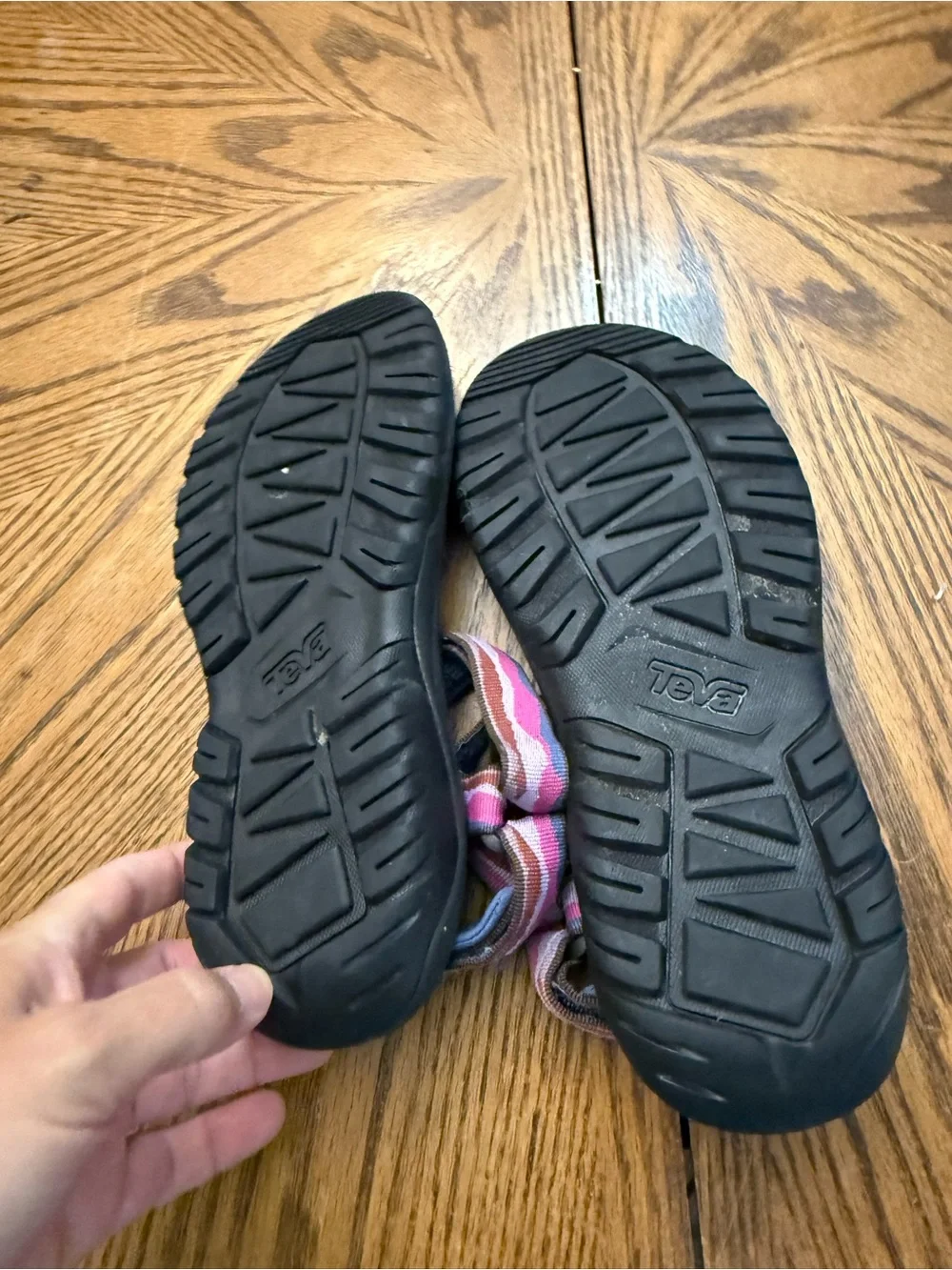 Teva Black Sandal with Pink and Gray Patterned Straps